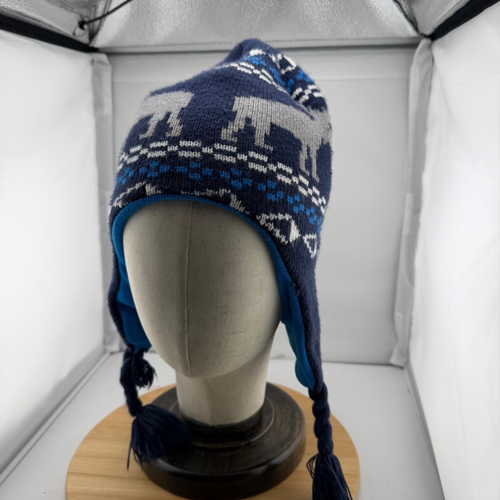 3M Thinsulate Knit Trapper Hat Navy Blue Moose Fair Isle Fleece Lined Beanie